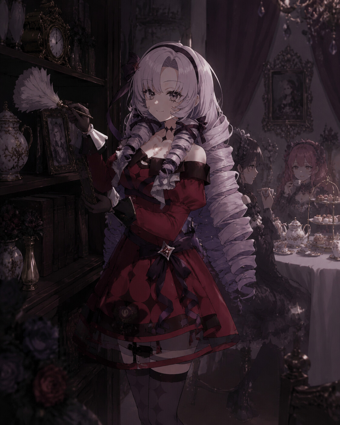 Dusting a shelf in her modest apartment at a high-end tea party with porcelain sets (dark gothic lolita aesthetic)
