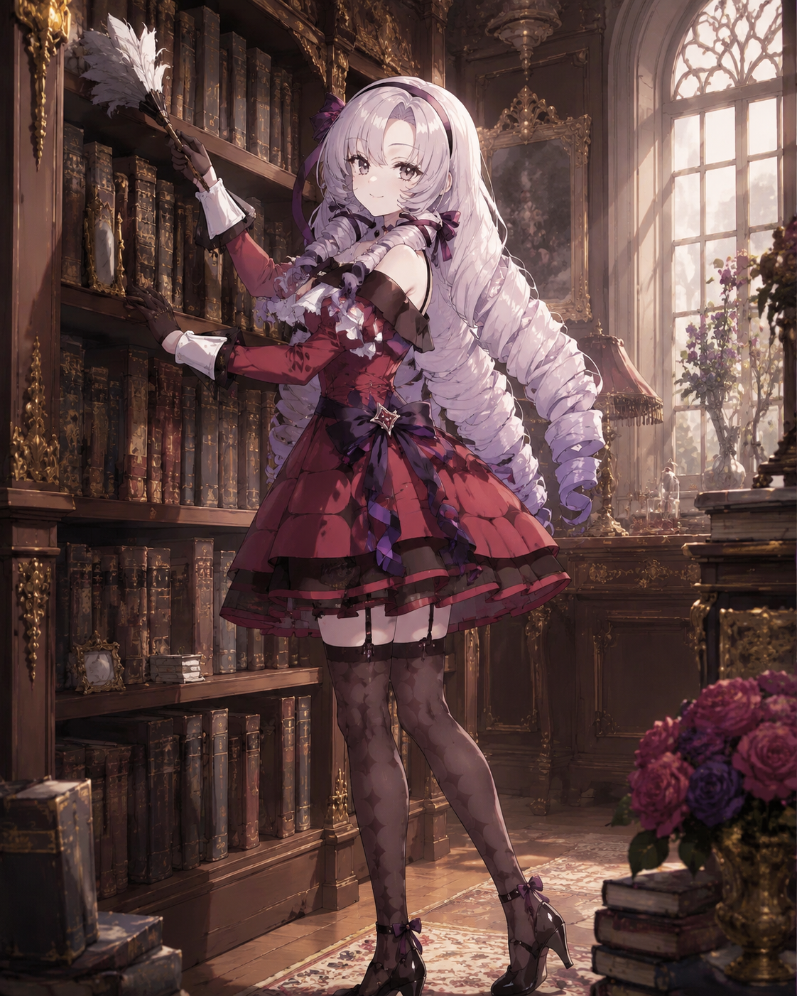 Dusting a shelf in her modest apartment In a quiet library filled with antique books (luxurious baroque illustration, ornate details)