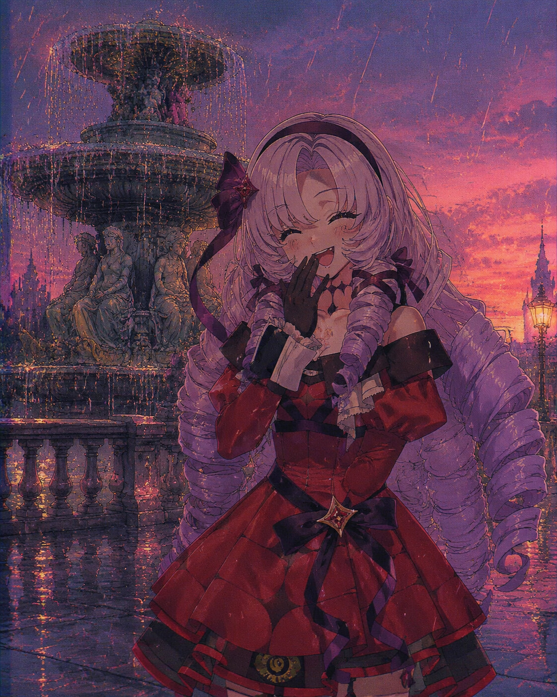 Laughing theatrically with a hand over her mouth at a majestic fountain during a sunset drizzle (retro 90s anime style)