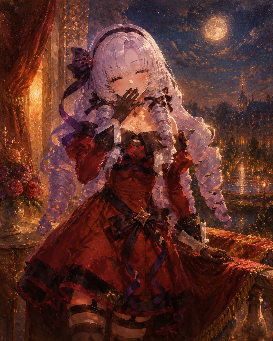 Laughing theatrically with a hand over her mouth On a velvet balcony overlooking a moonlit garden (shimmering oil painting, golden hour lighting)