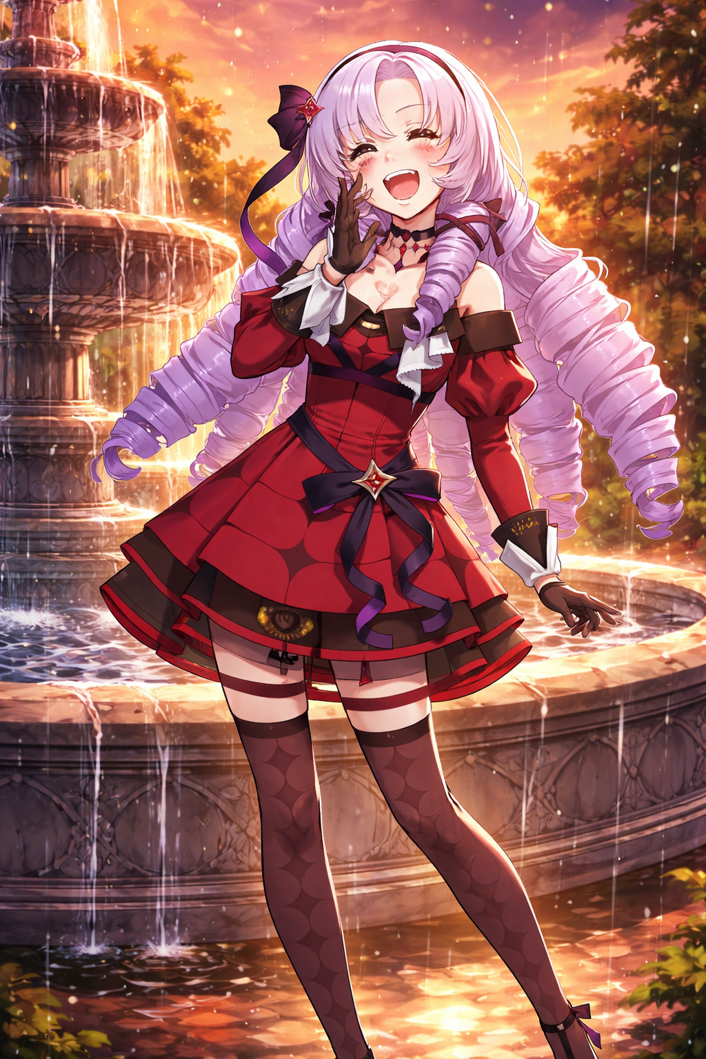 Practicing her signature noble laugh At a majestic fountain during a sunset drizzle (crisp cel-shaded anime, vibrant colors)