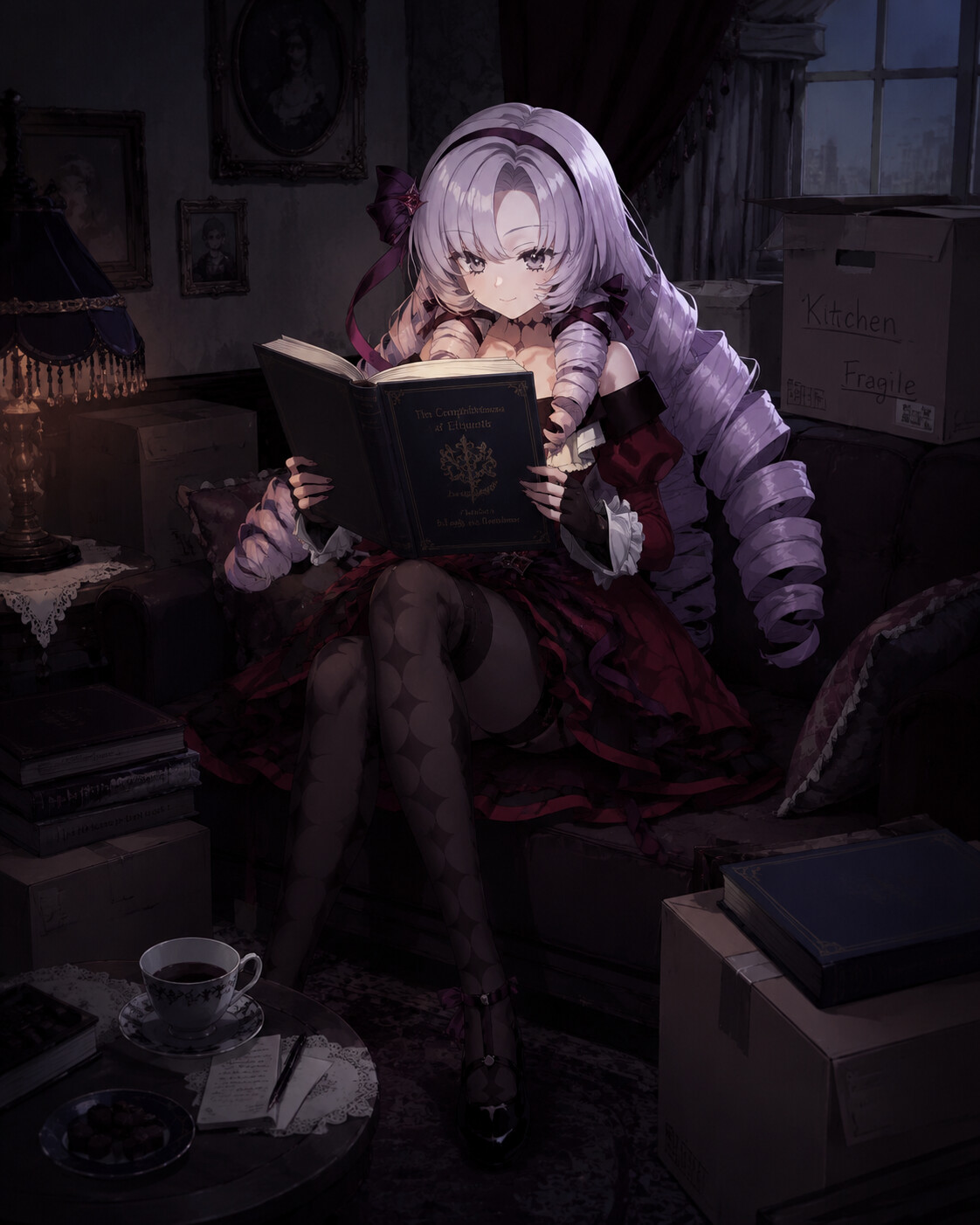 Reading a thick manual on etiquette in a modest studio apartment with cardboard boxes (dark gothic lolita aesthetic)