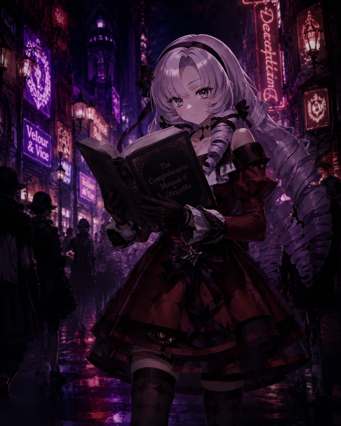 Reading a thick manual on etiquette On a bustling city street under neon lights (dark gothic lolita aesthetic, moody shadows)