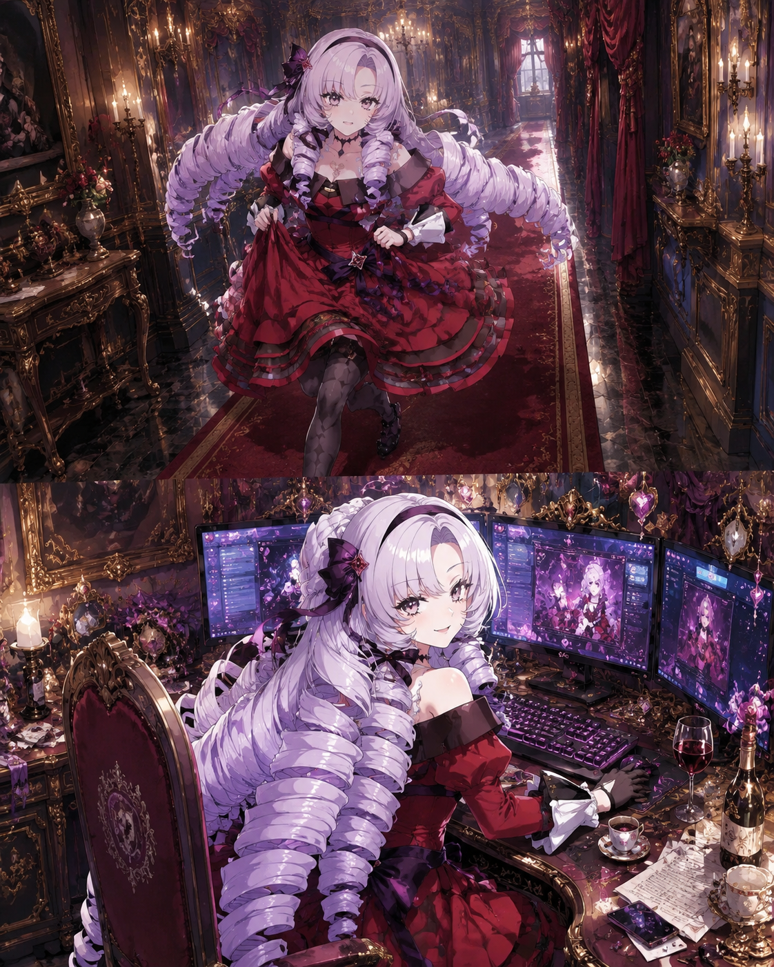 Running through a corridor holding her dress At a cluttered desk with multiple gaming monitors (luxurious baroque illustration, ornate details)