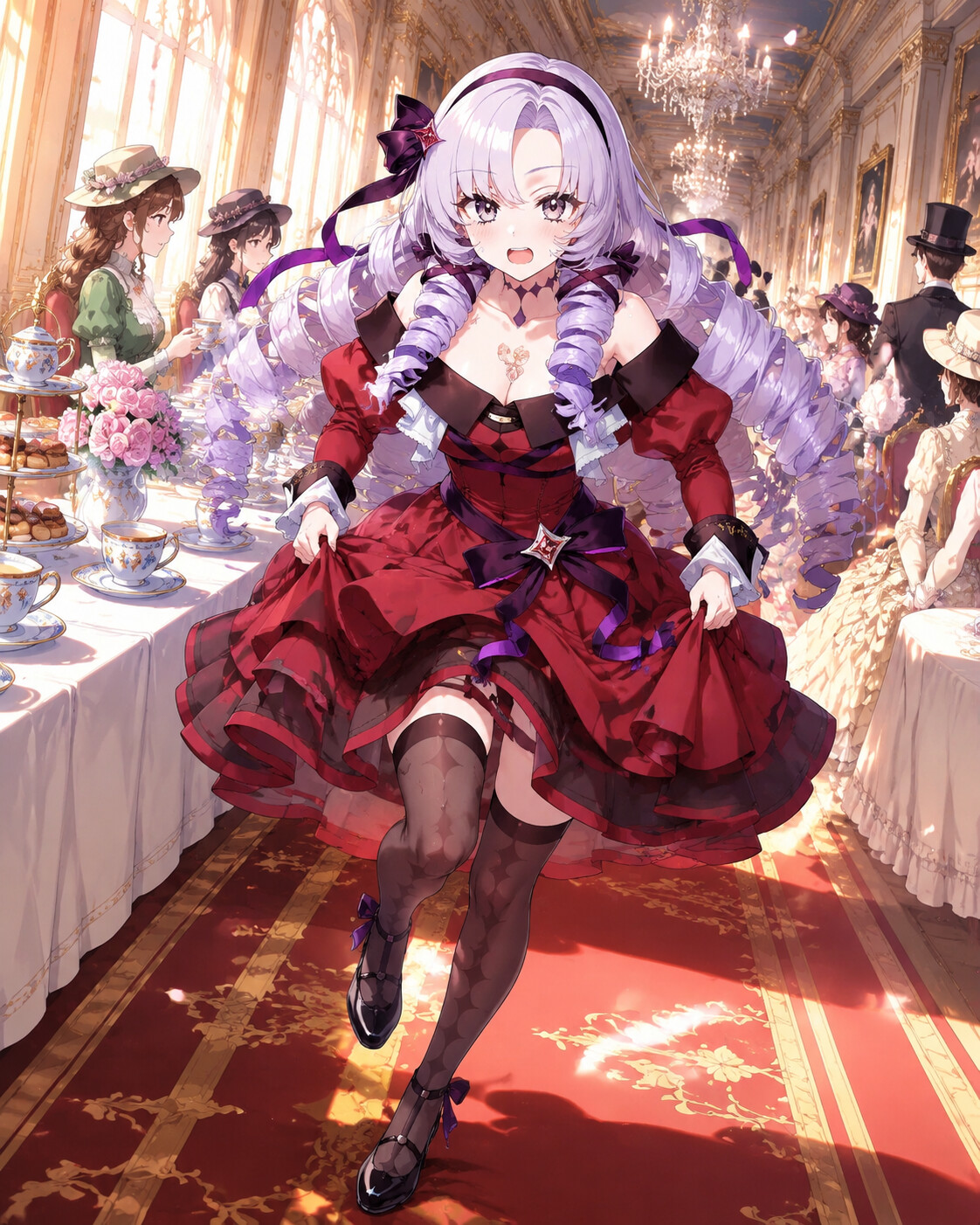 Running through a corridor holding her dress at a high-end tea party with porcelain sets (crisp cel-shaded anime)