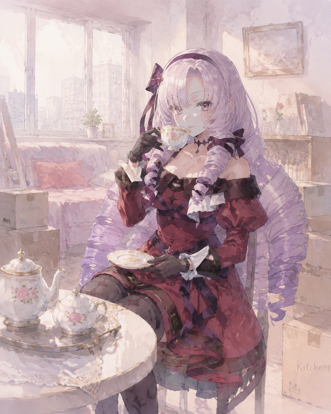 Sipping expensive tea with a pinky extended In a modest studio apartment with cardboard boxes (soft watercolor, dreamy pastel tones)