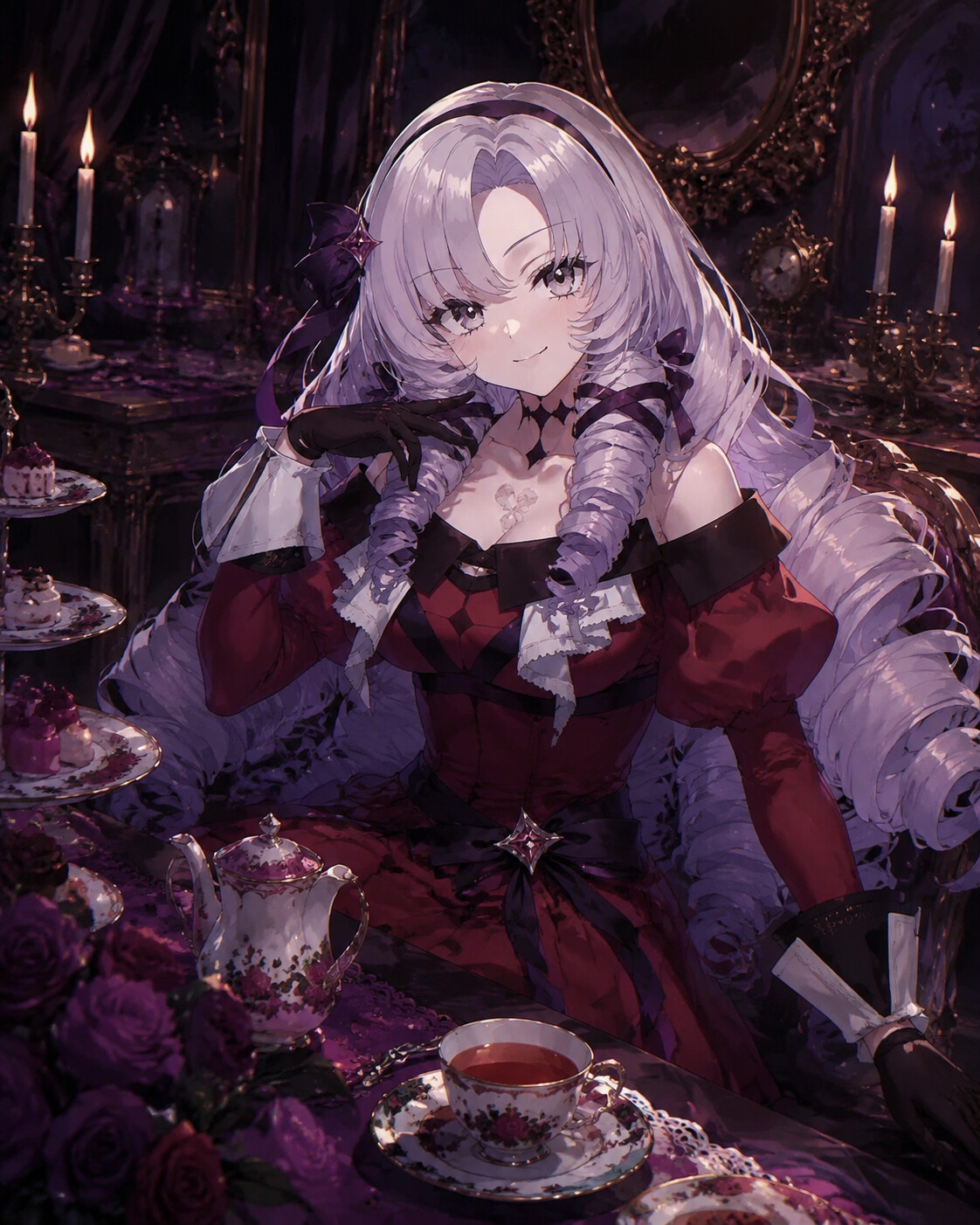 Striking a dramatic pose for the camera at a high-end tea party with porcelain sets (dark gothic lolita aesthetic)