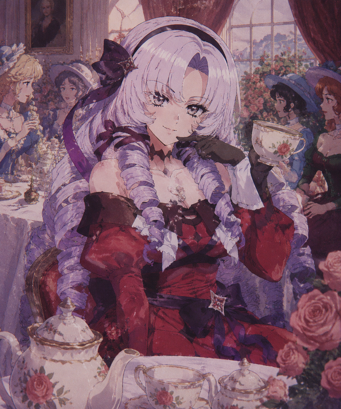 Striking a dramatic pose for the camera At a high-end tea party with porcelain sets (retro 90s anime style, lo-fi aesthetic)