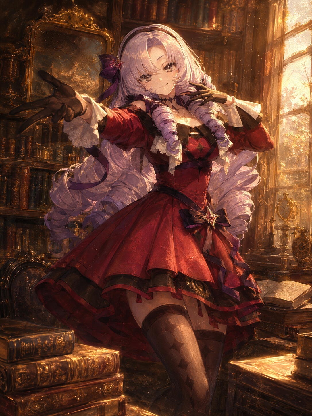 Striking a dramatic pose for the camera in a quiet library filled with antique books (shimmering oil painting)