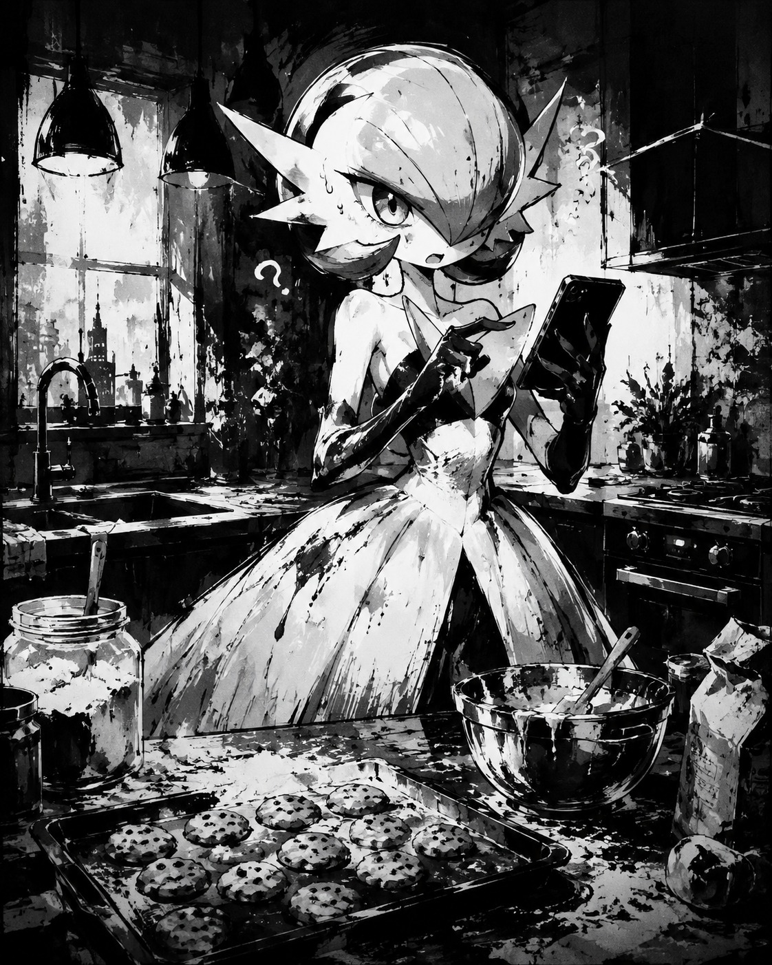 Clumsily trying to use a smartphone In a modern kitchen baking cookies (dramatic gothic ink sketch, high contrast)