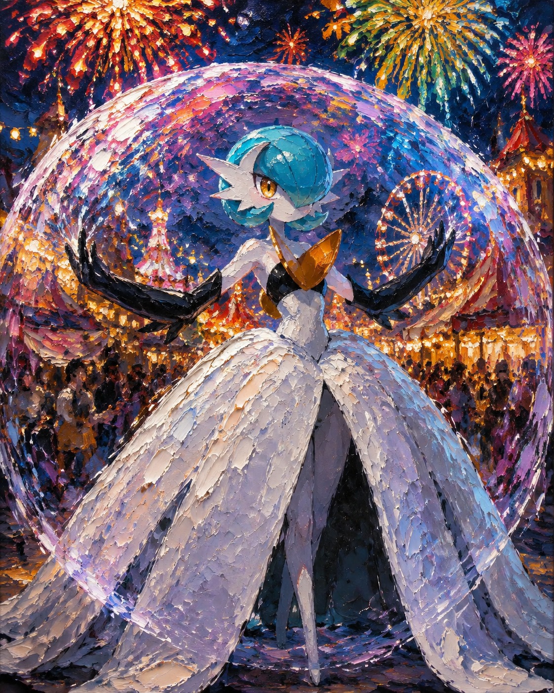Summoning a shimmering psychic barrier At a bustling carnival under fireworks (vibrant oil painting, heavy impasto strokes)