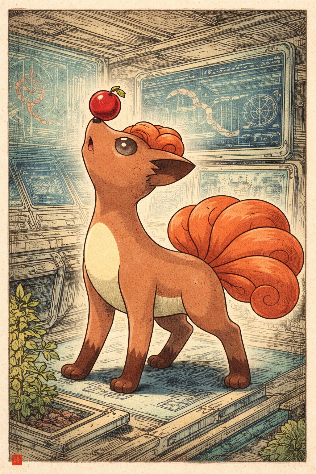 Balancing a single berry on its nose In a futuristic laboratory with holographic screens (traditional Ukiyo-e woodblock print)