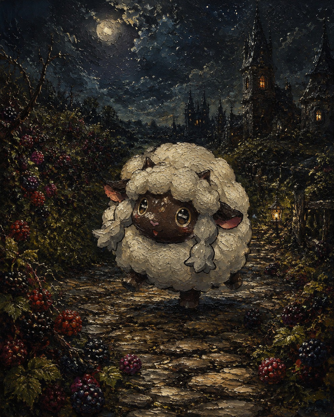 Bouncing joyfully through a field of wild berries On a cobblestone path under the starlight (gritty dark fantasy, heavy oil textures)