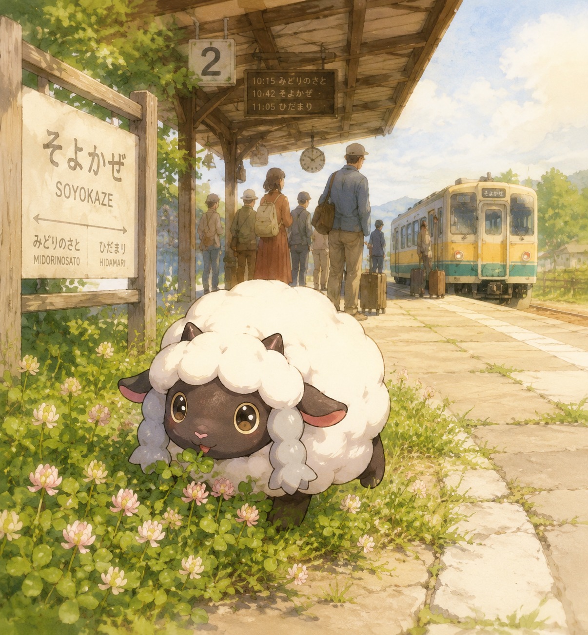 Grazing on a patch of sweet clover At a busy rural train station platform (soft watercolor anime, warm morning light)