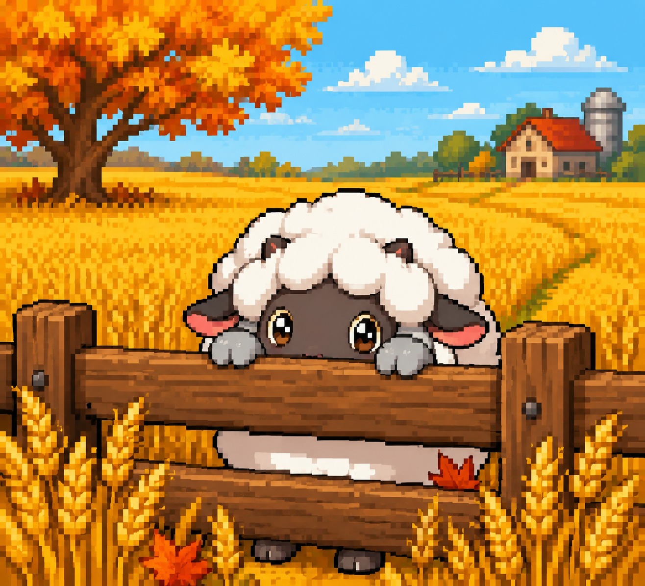Hiding timidly behind a thick wooden fence In a golden wheat field during autumn (retro 8-bit pixel art, bright palette)
