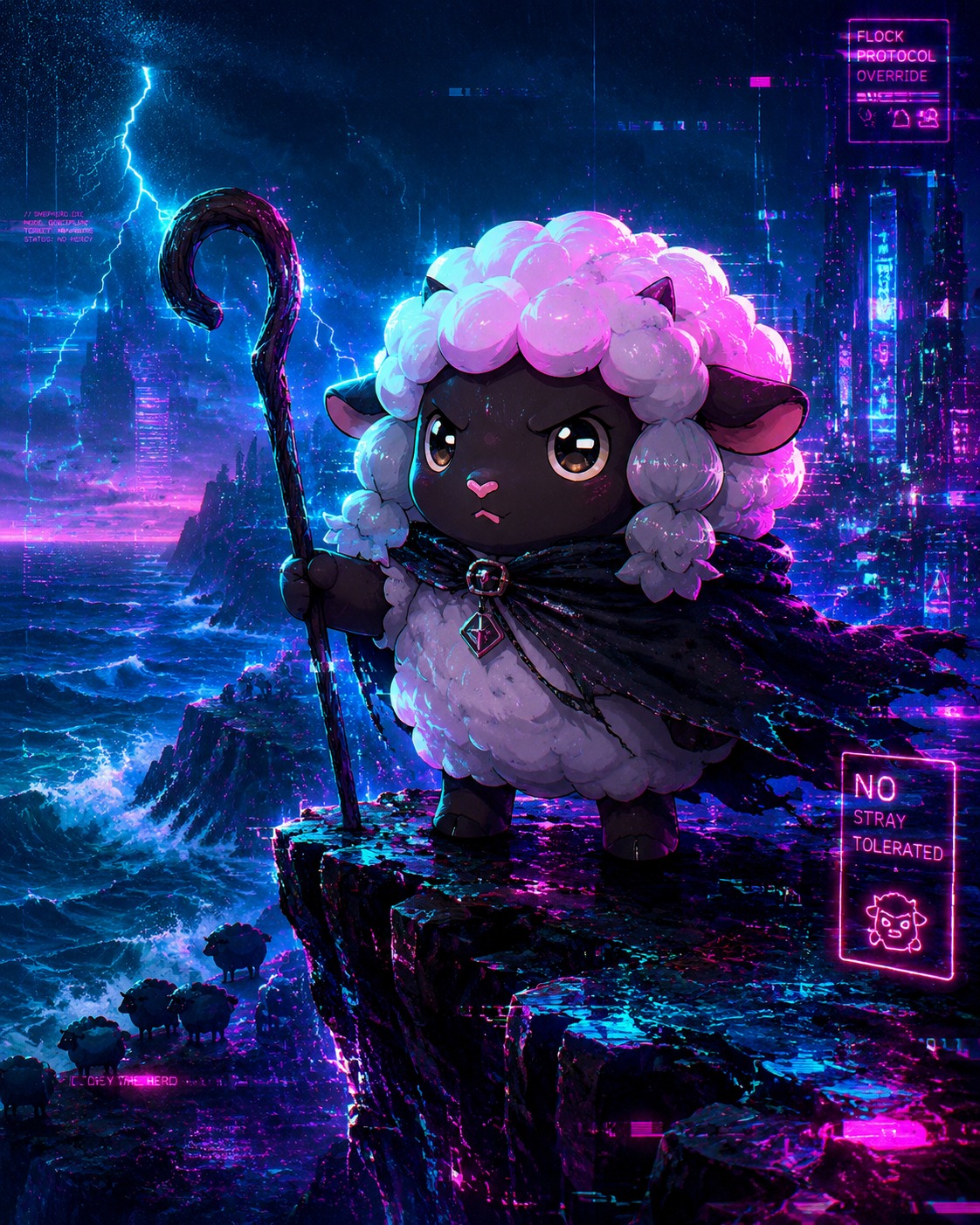 Mimicking the movements of a stern shepherd On a rocky cliff overlooking the sea (cyberpunk glitch art, electric neon glows)