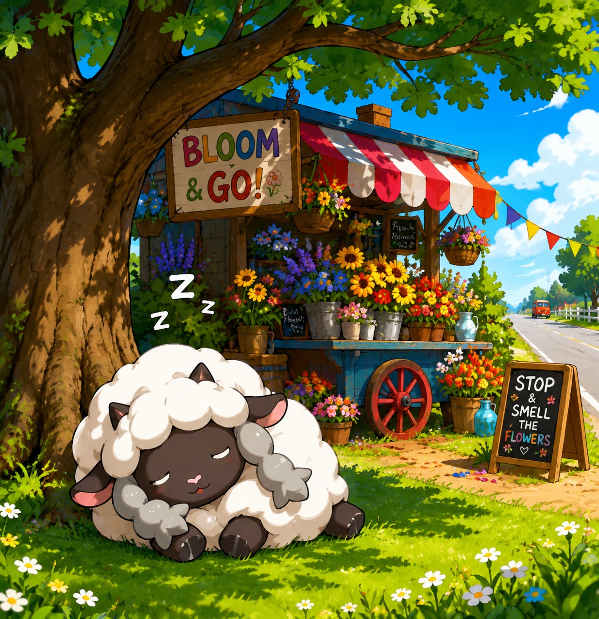 Napping soundly under the shade of an oak tree At a colorful roadside flower stand (vibrant cel-shaded, saturated primary colors)