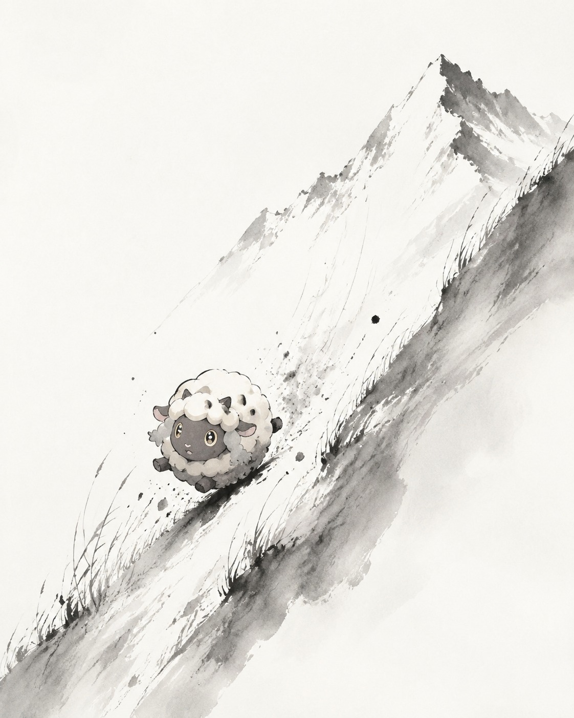 Rolling uncontrollably down a steep grassy hill On a steep snowy mountain peak (minimalist ink wash, focused negative space)
