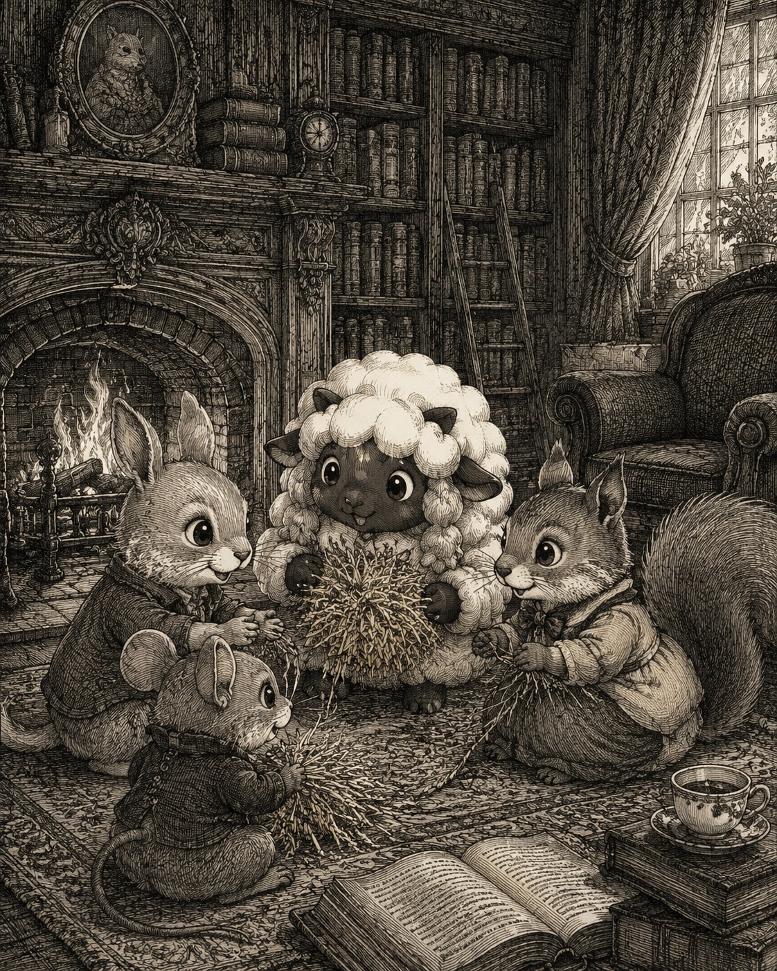 Sharing a bundle of dry hay with friends In a quiet library near a crackling fireplace (Victorian storybook sketch, detailed cross-hatching)