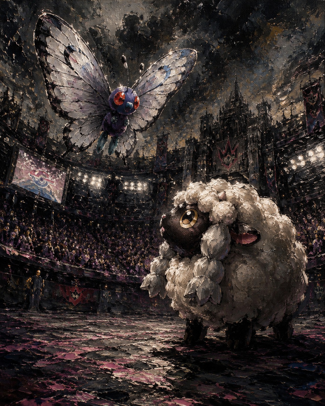 Staring curiously at a floating butterfree At the center of a cheering Galar stadium (gritty dark fantasy, heavy oil textures)