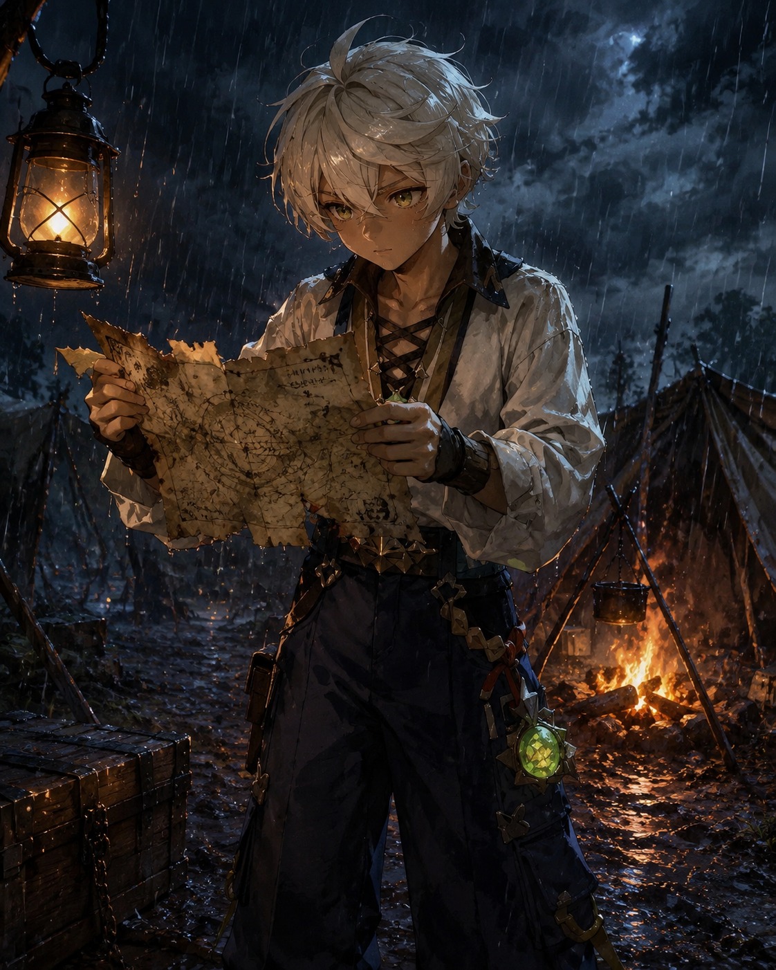 Deciphering a crumbling treasure map At a muddy campsite during a downpour (cinematic digital art, dramatic shadows)