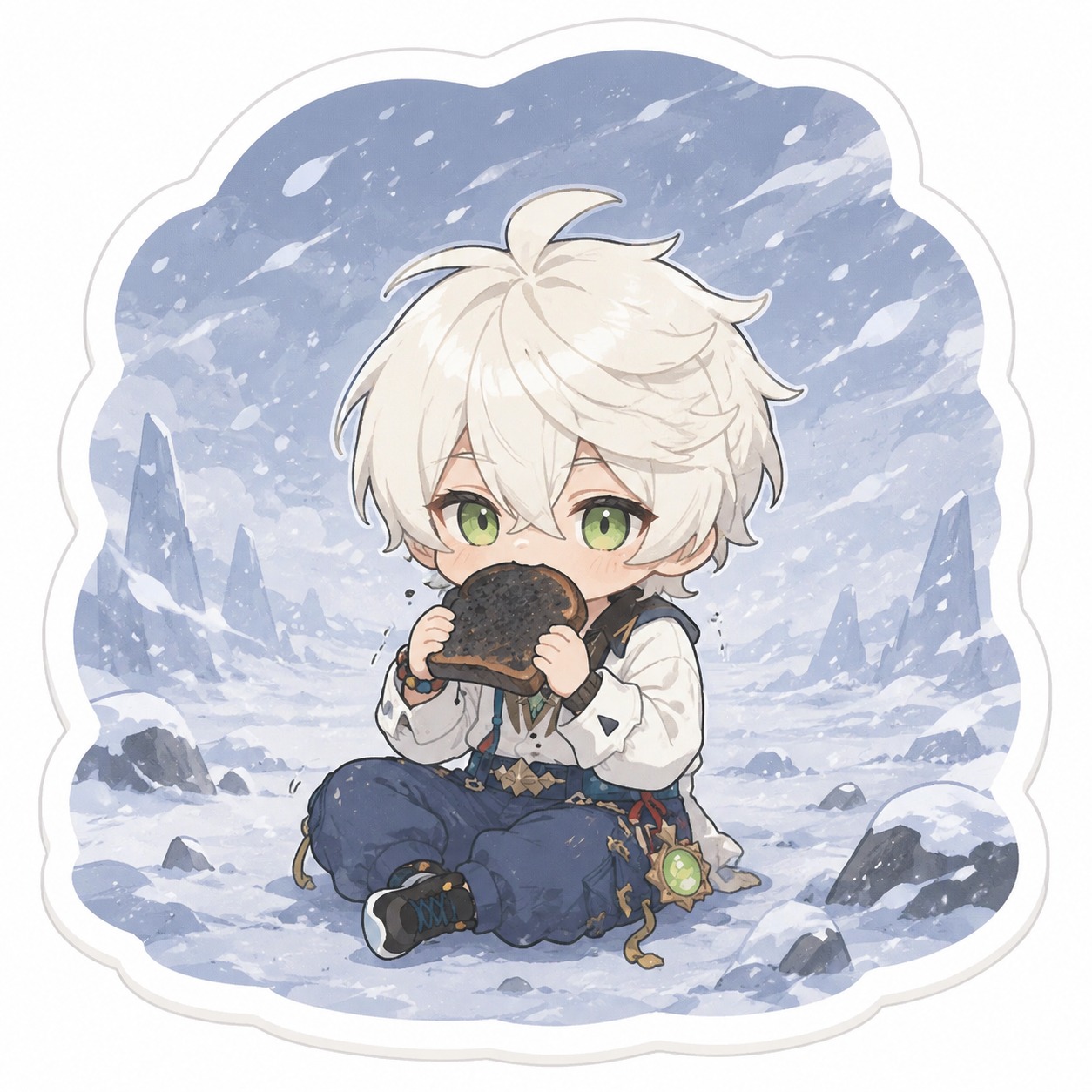 Eating a blackened piece of toast On a frozen tundra under a blizzard (chibi sticker art, pastel colors)