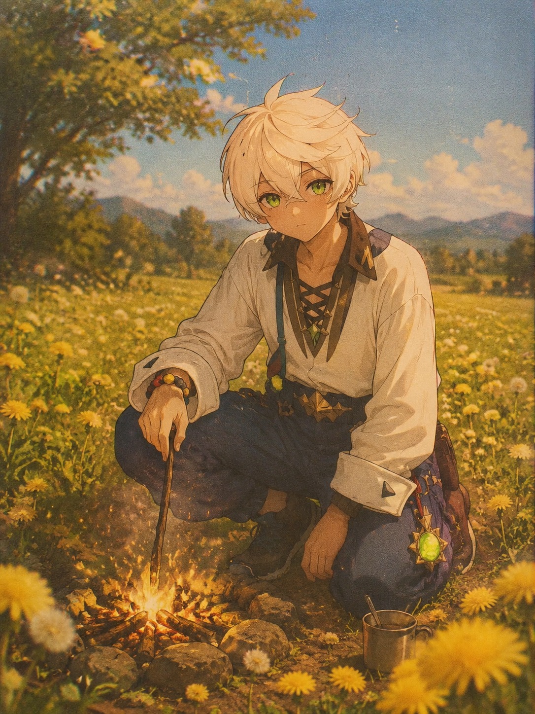 Stoking a small crackling campfire In a sun-drenched meadow of dandelions (vintage 90s aesthetic, film grain)
