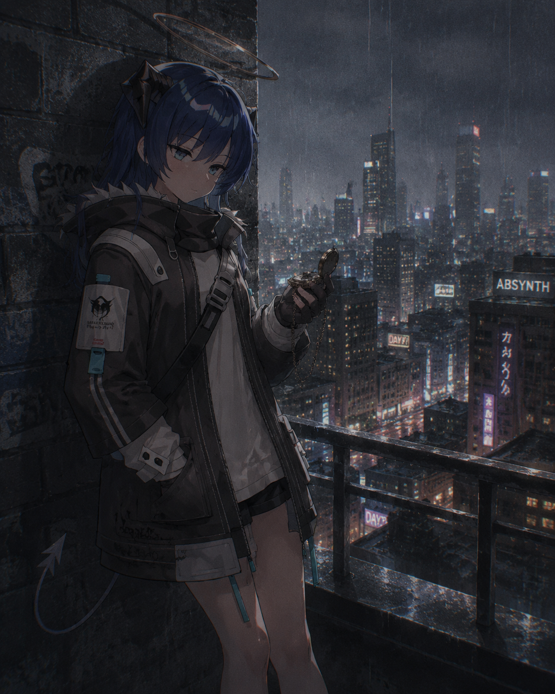 Leaning against a brick wall checking a pocket watch On a rooftop overlooking a rainy futuristic city (lo-fi aesthetic, muted tones and retro grain)