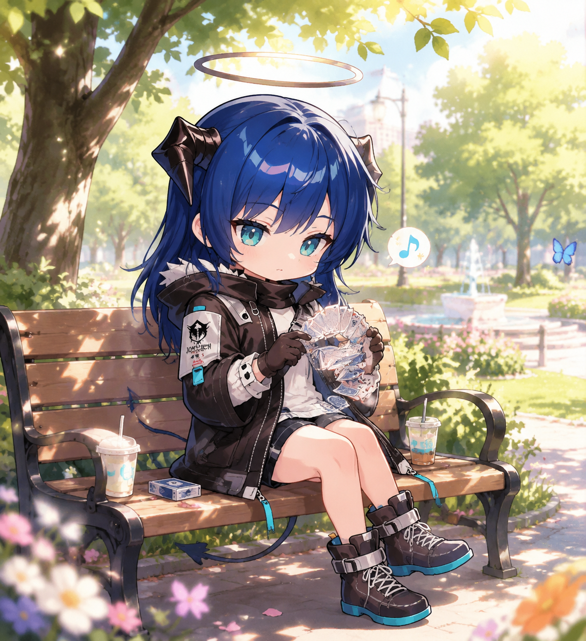 Shuffling a deck of playing cards effortlessly In a sun-drenched park during a brief respite (chibi style, cute proportions and pastel accents)