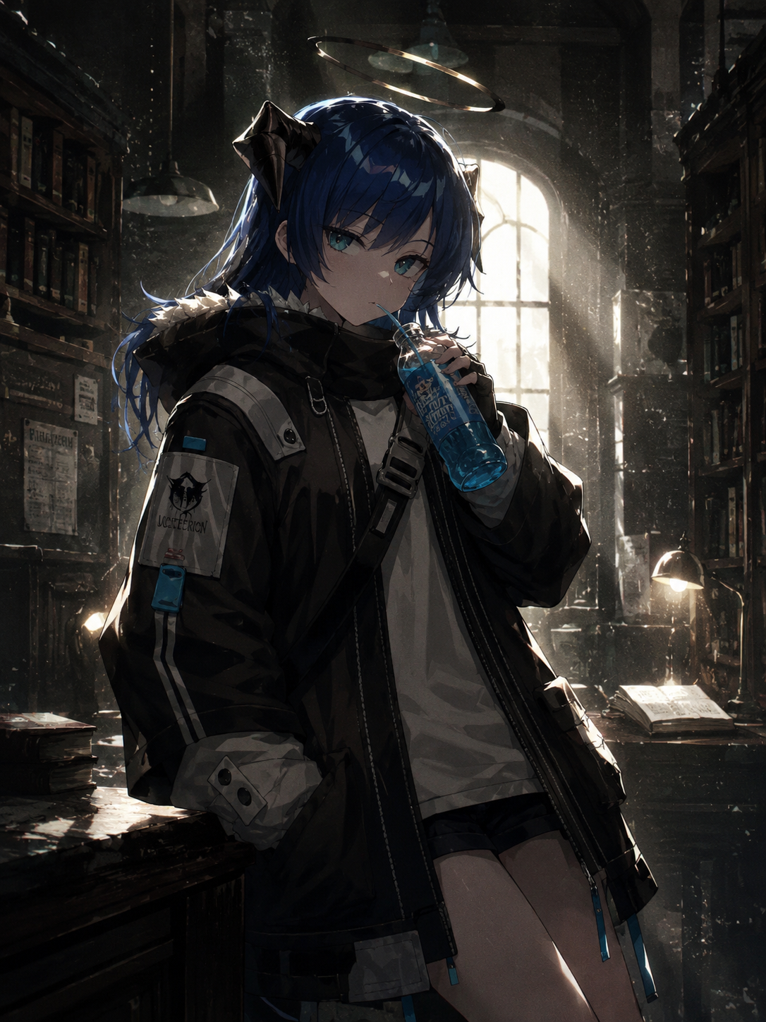 Sipping a bitter blue soda In a quiet library filled with floating dust motes (gritty cinematic noir, dramatic shadows and backlighting)