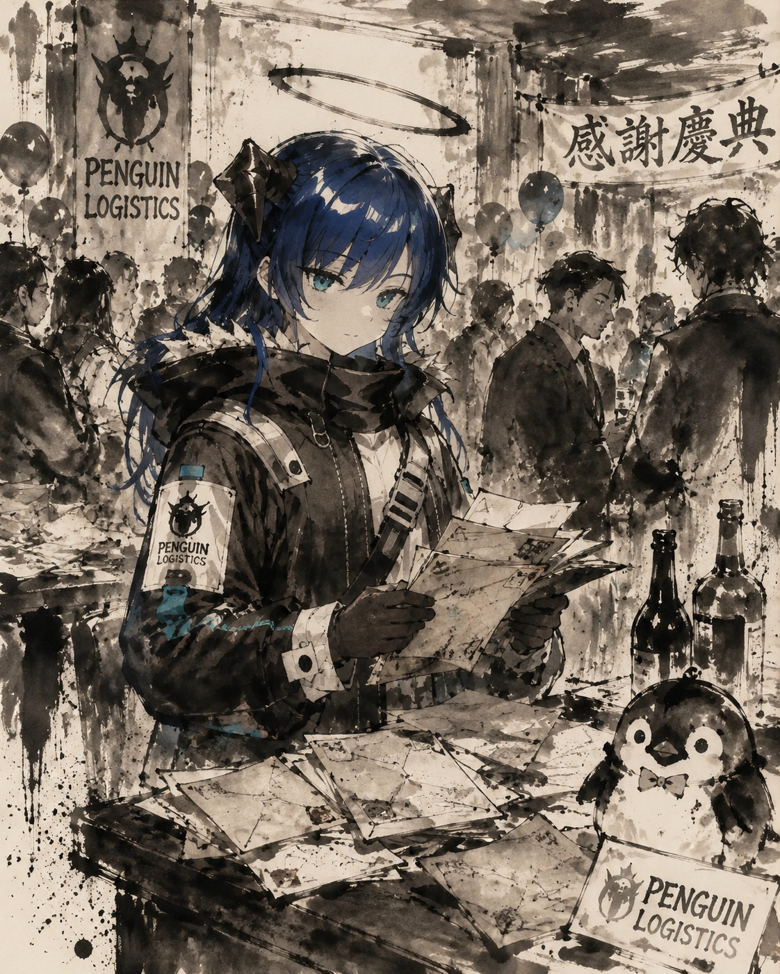 Sorting through a stack of weathered envelopes At a crowded Penguin Logistics office party (ink wash painting, traditional brush strokes and splatter)