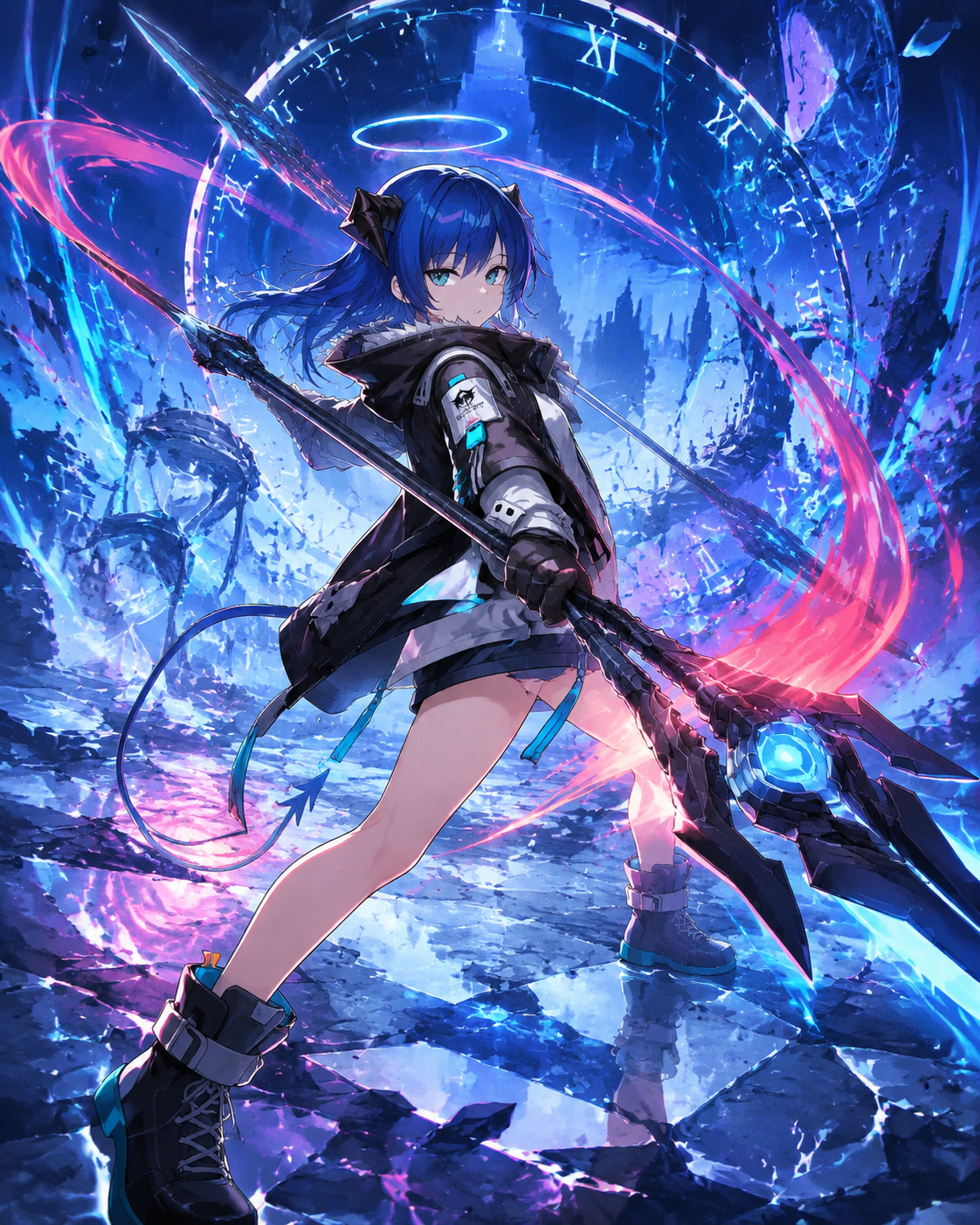 Swinging her twin staves with calculated precision In a dimension where time flows backwards (vibrant cel-shaded anime, crisp lighting and bold colors)