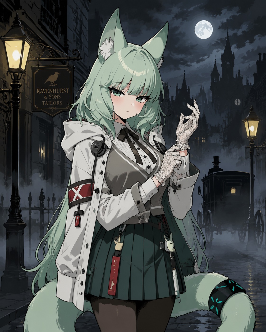 Adjusting her delicate lace gloves In a fog-shrouded Victorian street at midnight (sharp vector art, flat colors and bold outlines)