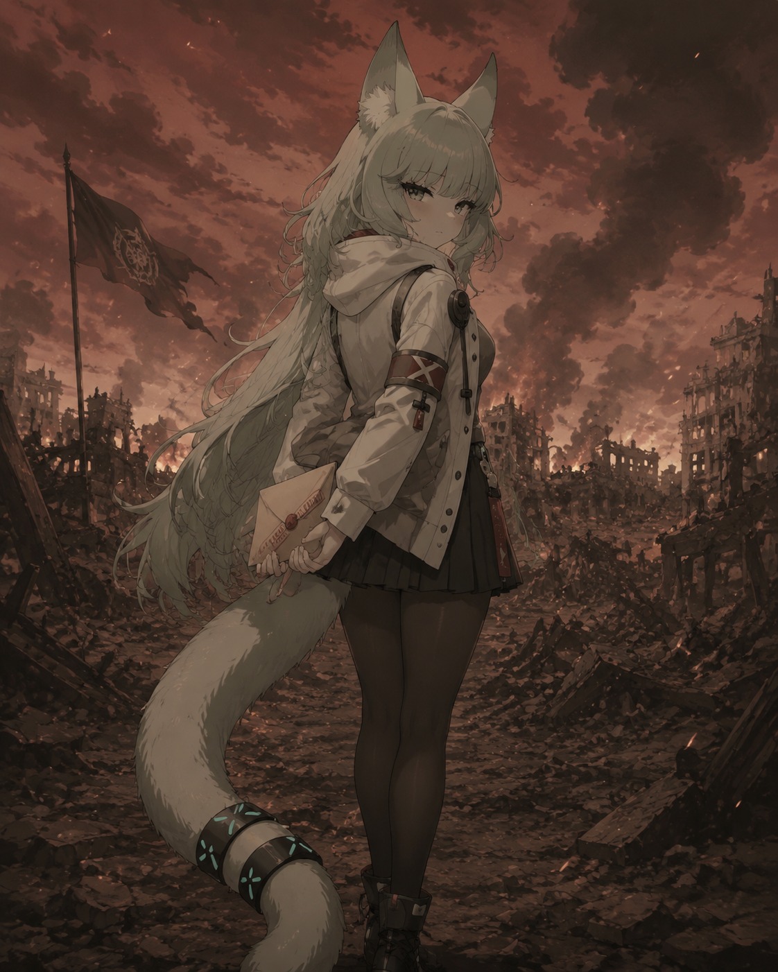 Concealing a classified letter behind her back On a burning battlefield under a crimson sky (detailed line art, muted sepia tones)