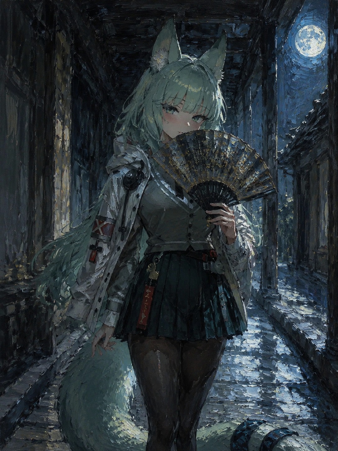Fanning herself with an ornate folding fan In a quiet corridor illuminated by silver moonlight (oil painting, thick brushstrokes and moody lighting)