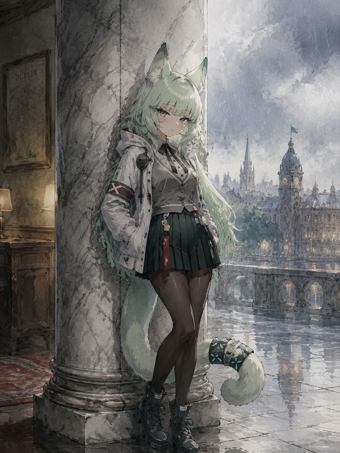 Leaning casually against a marble pillar At a secret Dublinn safehouse during a storm (watercolor anime, soft morning light)