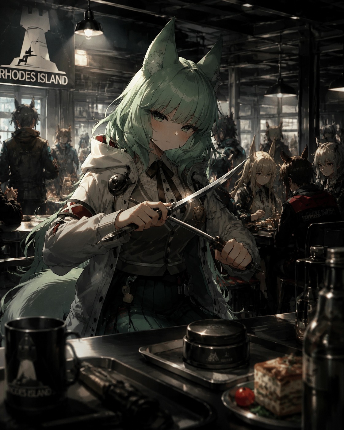 Sharpening a small silver dagger At a bustling Rhodes Island cafeteria (cinematic noir, dramatic shadows and high contrast)