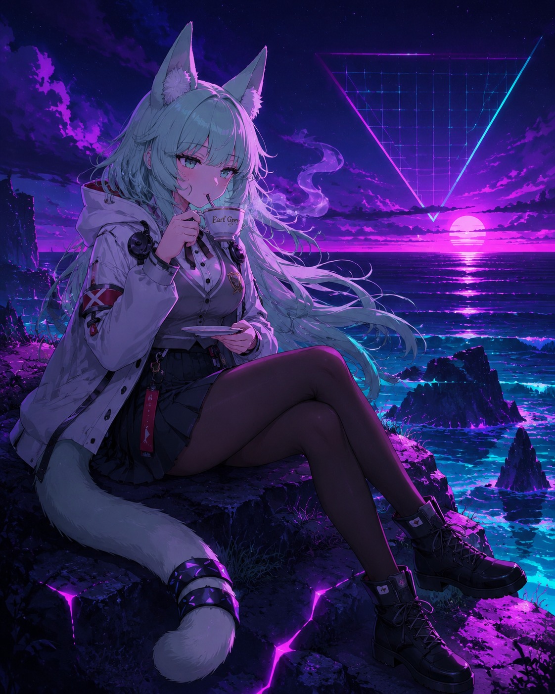 Sipping hot earl grey tea On a windswept cliff facing the ocean (retro synthwave, neon purple and teal glow)