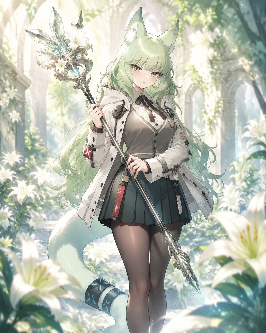 Wielding her crystalline staff with grace In a sunlit garden blooming with white lilies (ethereal fantasy, glowing particles and soft focus)