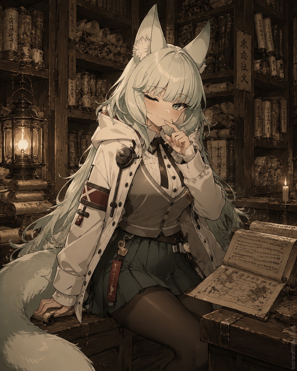 Winking mischievously at the viewer In a dimly lit library filled with ancient scrolls (detailed line art, muted sepia tones)