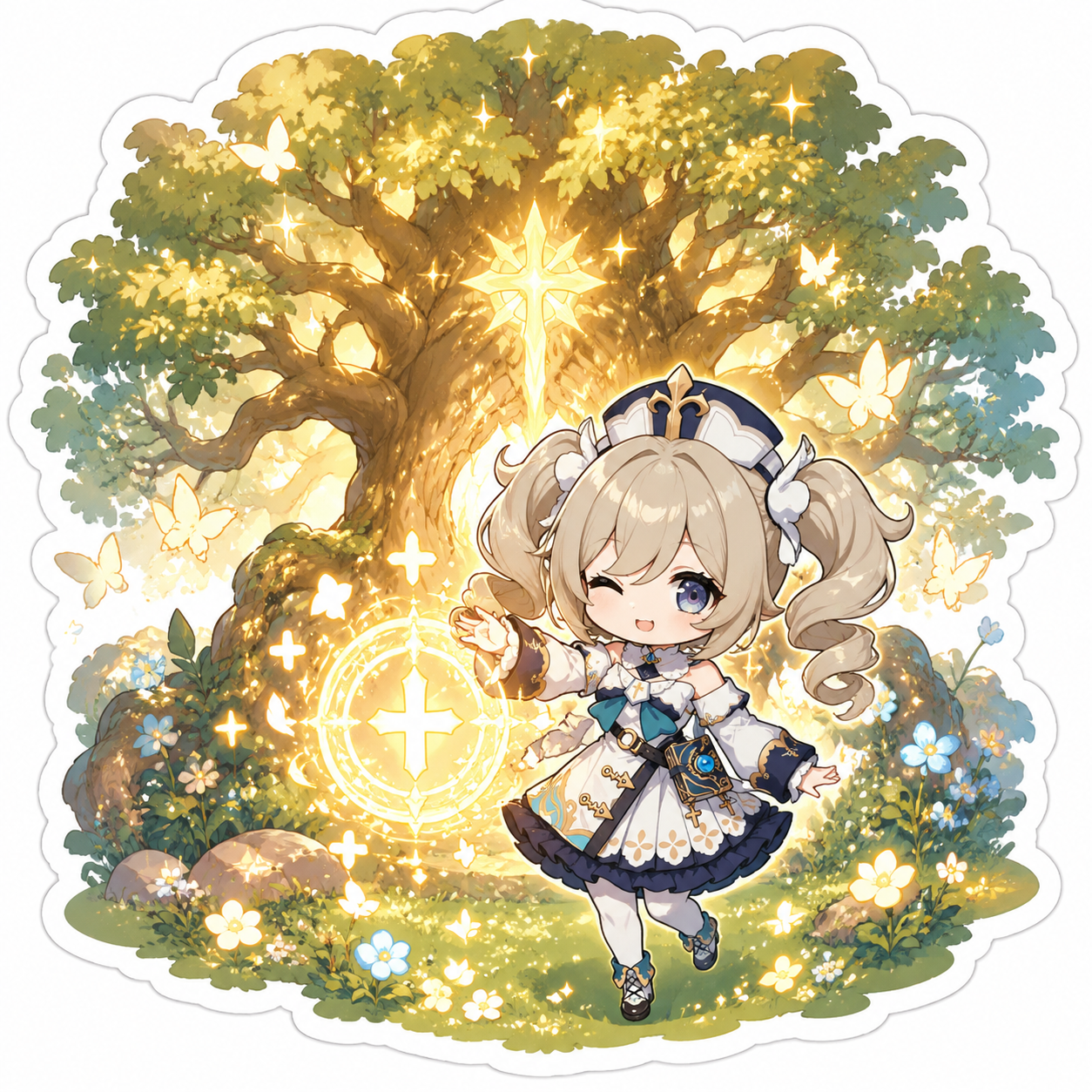 Casting a radiant golden healing aura At the base of a glowing giant oak tree (cute chibi sticker art, pastel sparkles)