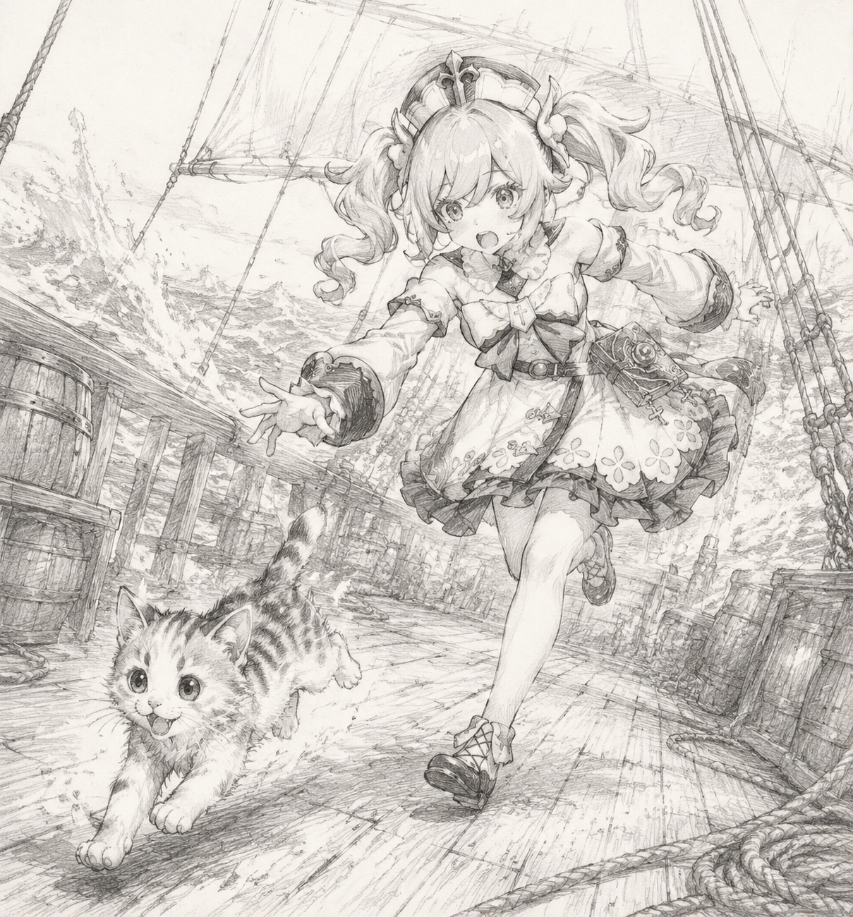 Chasing a playful kitten through the plaza On the deck of a ship during high seas (delicate pencil sketch, soft charcoal shading)