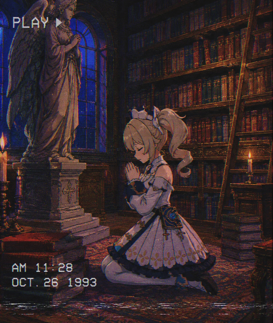 Kneeling in silent prayer before a statue In a cozy library surrounded by towering bookshelves (vintage 90s retro anime, grainy VHS aesthetic)