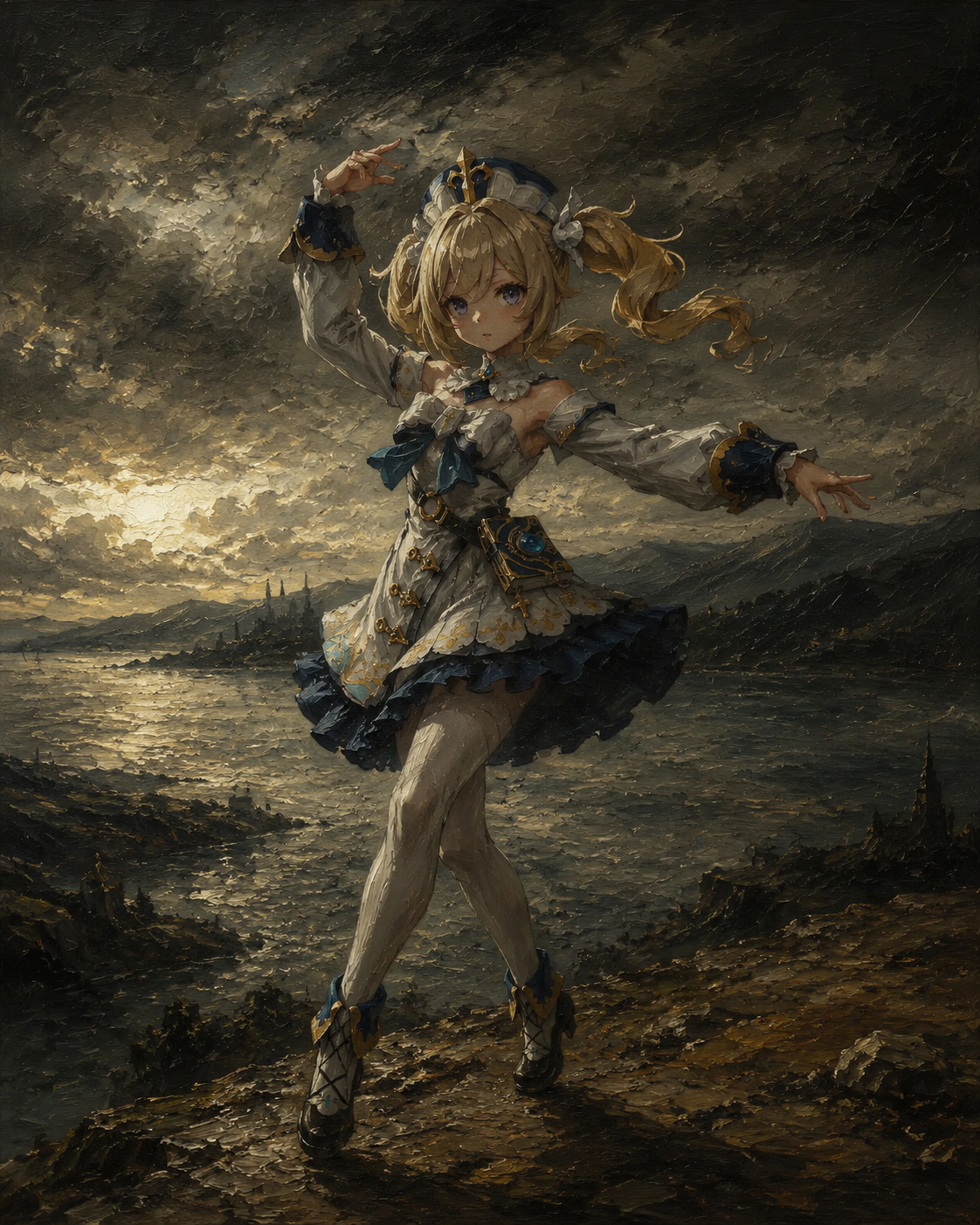 Practicing a complex new dance choreography On a cliffside overlooking the stormy Cider Lake (gritty oil painting, dramatic chiaroscuro lighting)