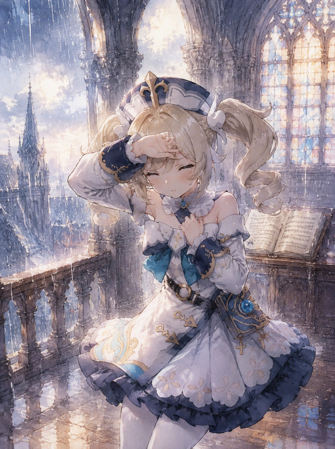 Shielding her face from a sudden torrential downpour In the quiet cathedral choir loft at dawn (soft watercolor anime, ethereal morning light)
