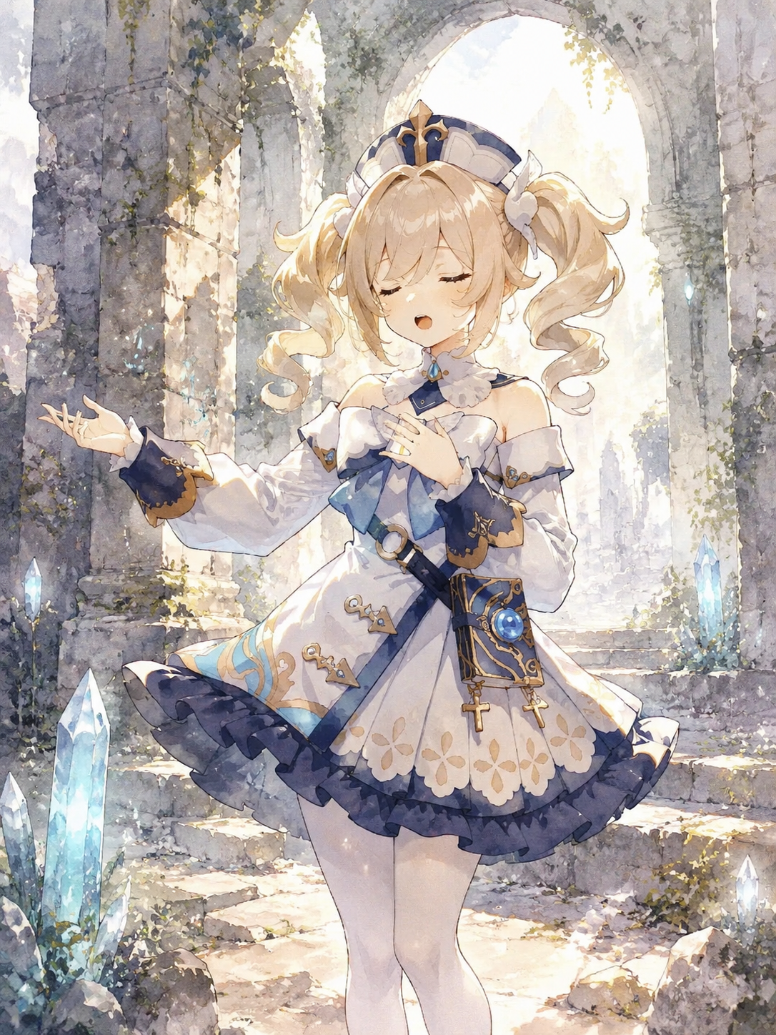 Singing a soulful hymn with eyes closed In an abandoned stone ruin illuminated by glowing crystals (soft watercolor anime, ethereal morning light)