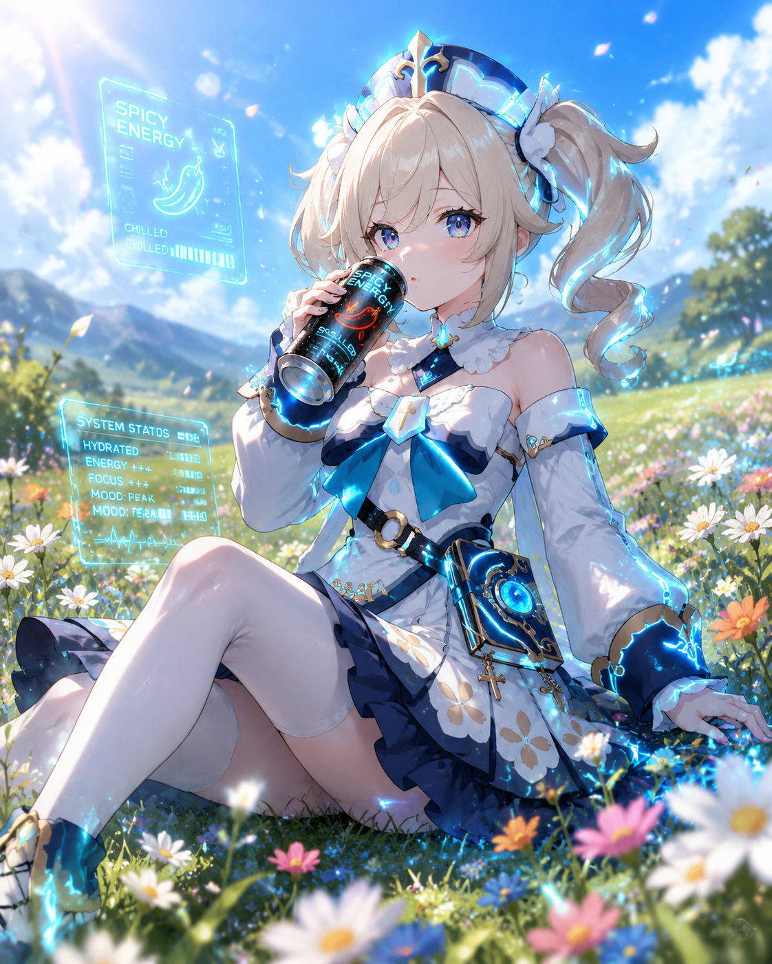 Sipping a chilled spicy energy drink At a sun-drenched flower meadow in spring (futuristic cybernetic glow, neon blue highlights)