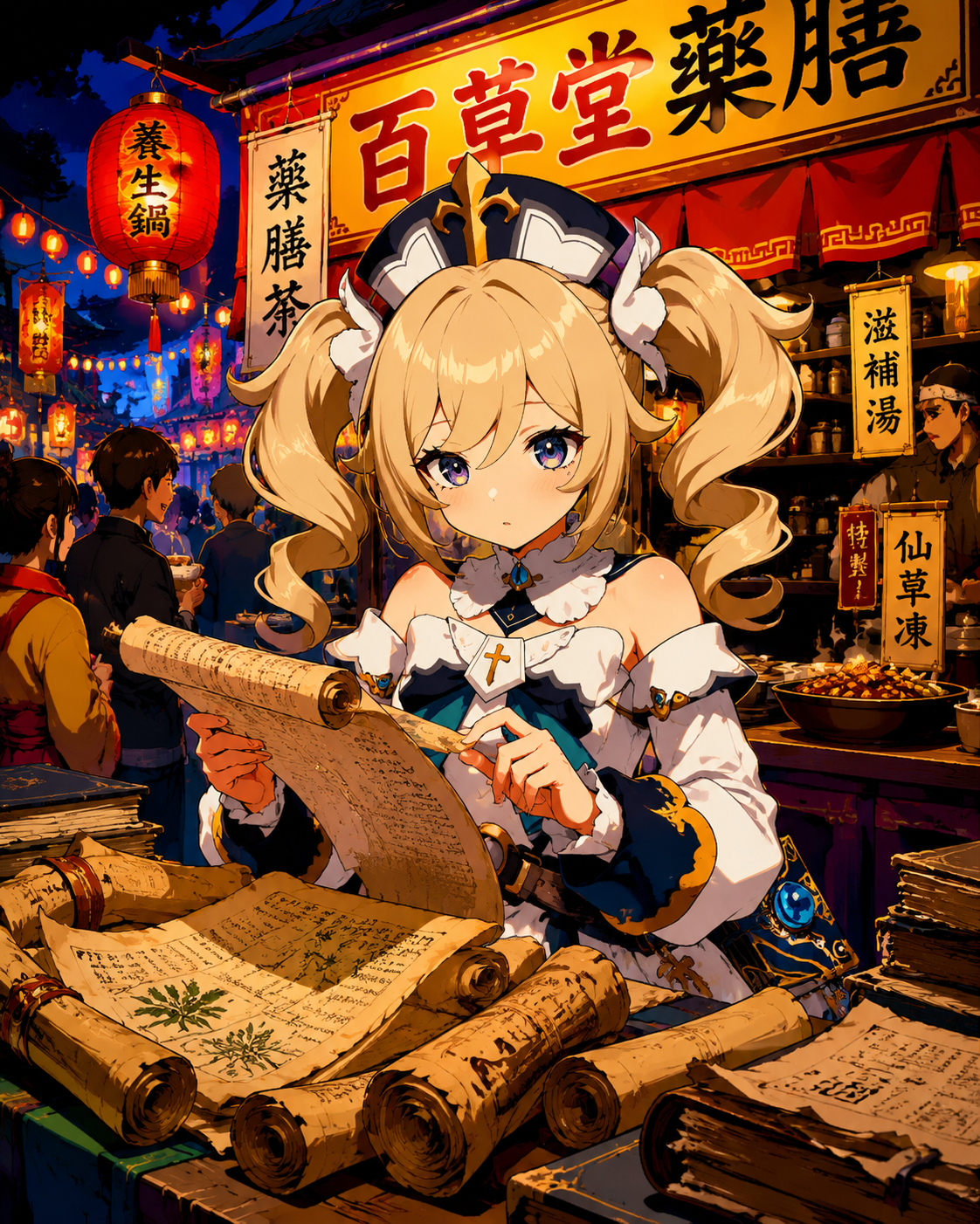 Sorting through dusty ancient medical scrolls At a crowded festival food stall during nightfall (bold cel-shaded pop art, vibrant primary colors)