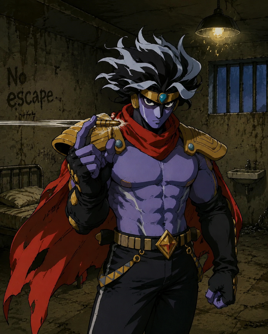 Catching a high-velocity bullet between two fingers At a dusty prison cell under flickering lights (90s retro anime style, cel-shaded with thick lines)