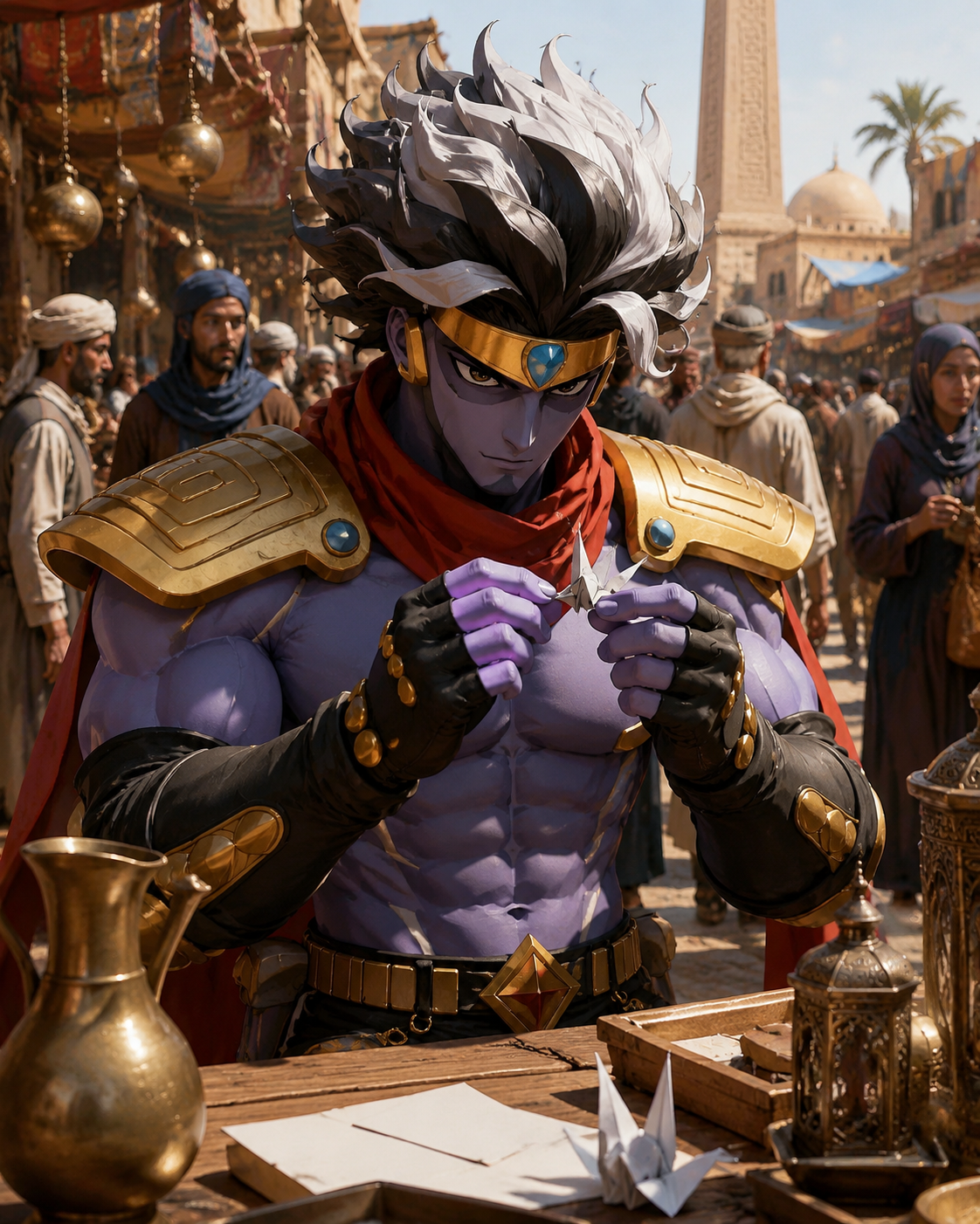 Folding a tiny paper crane with extreme precision At a crowded Egyptian street market during midday (hyper-realistic 3D render, cinematic lighting and metallic textures)